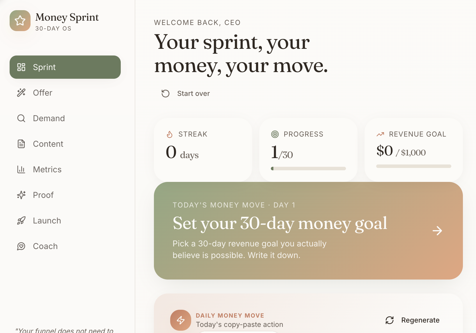 30 Day Money Sprint app dashboard showing streak, progress and today's money move